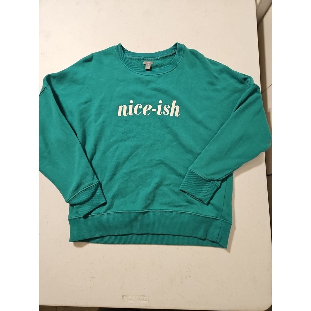 Aerie Go-To Crewneck Sweatshirt M Womens Green 'Nice-ish' Spellout (A1160)